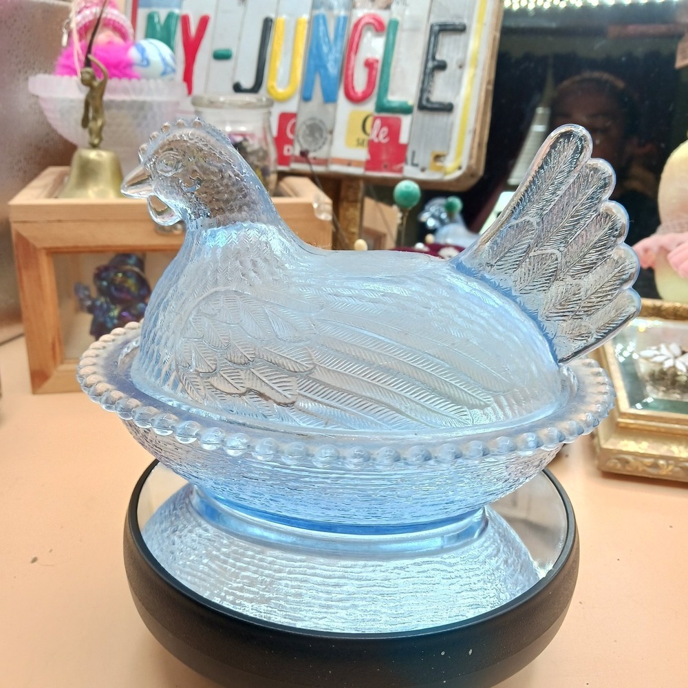 Vintage Indiana Glass Cornflower Blue Hen On Nest Covered Candy Dish 7in Beaded